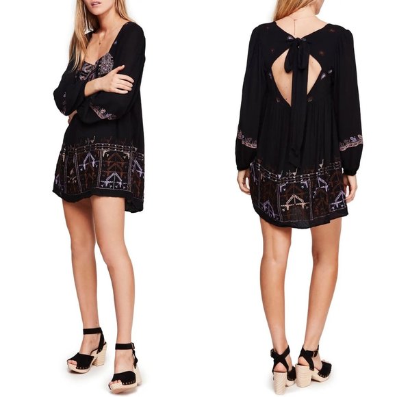 Free People Rhiannon Embroidered Babydoll Dress Black Purple Size XS New - Picture 5 of 12